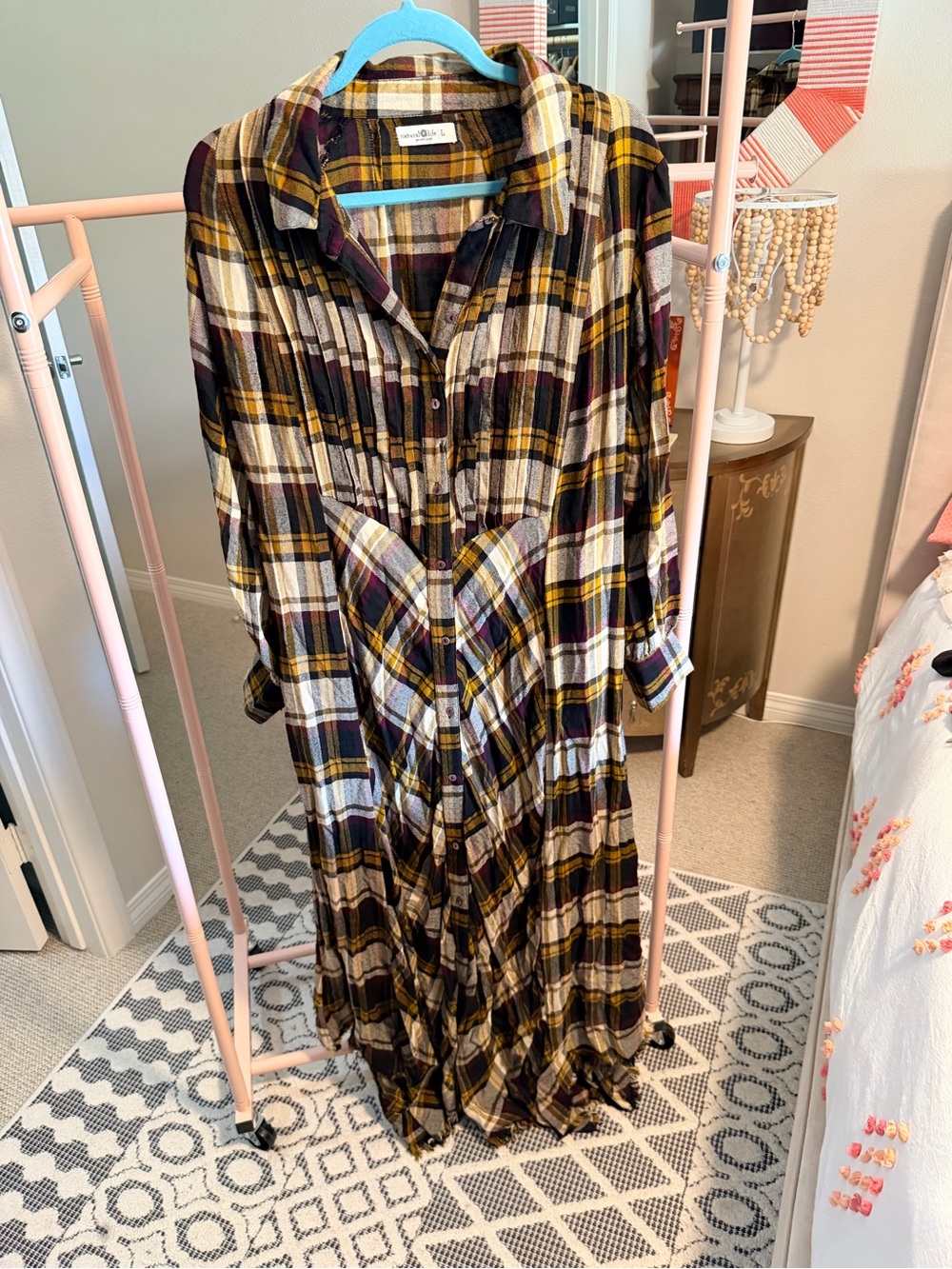 NATURAL LIFE Mustard, Burgundy and Cream Plaid Button-Front Maxi Dress